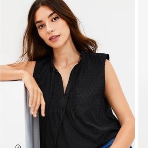 Loft black pin tucked ruffle tie neck shirt